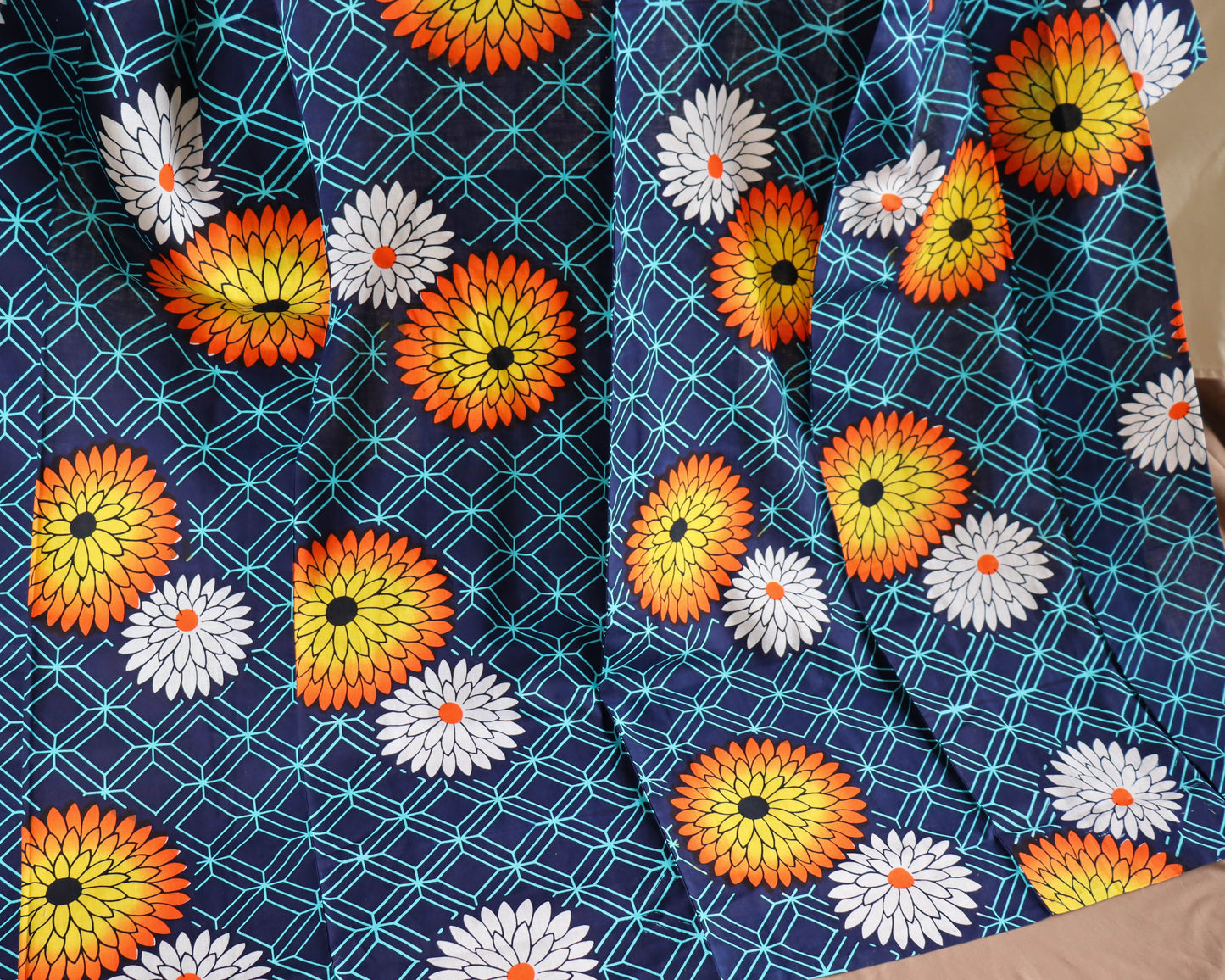 pre-loved yukata. summer cotton kimono in navy with the pattern of flowers. vibrant floral print.