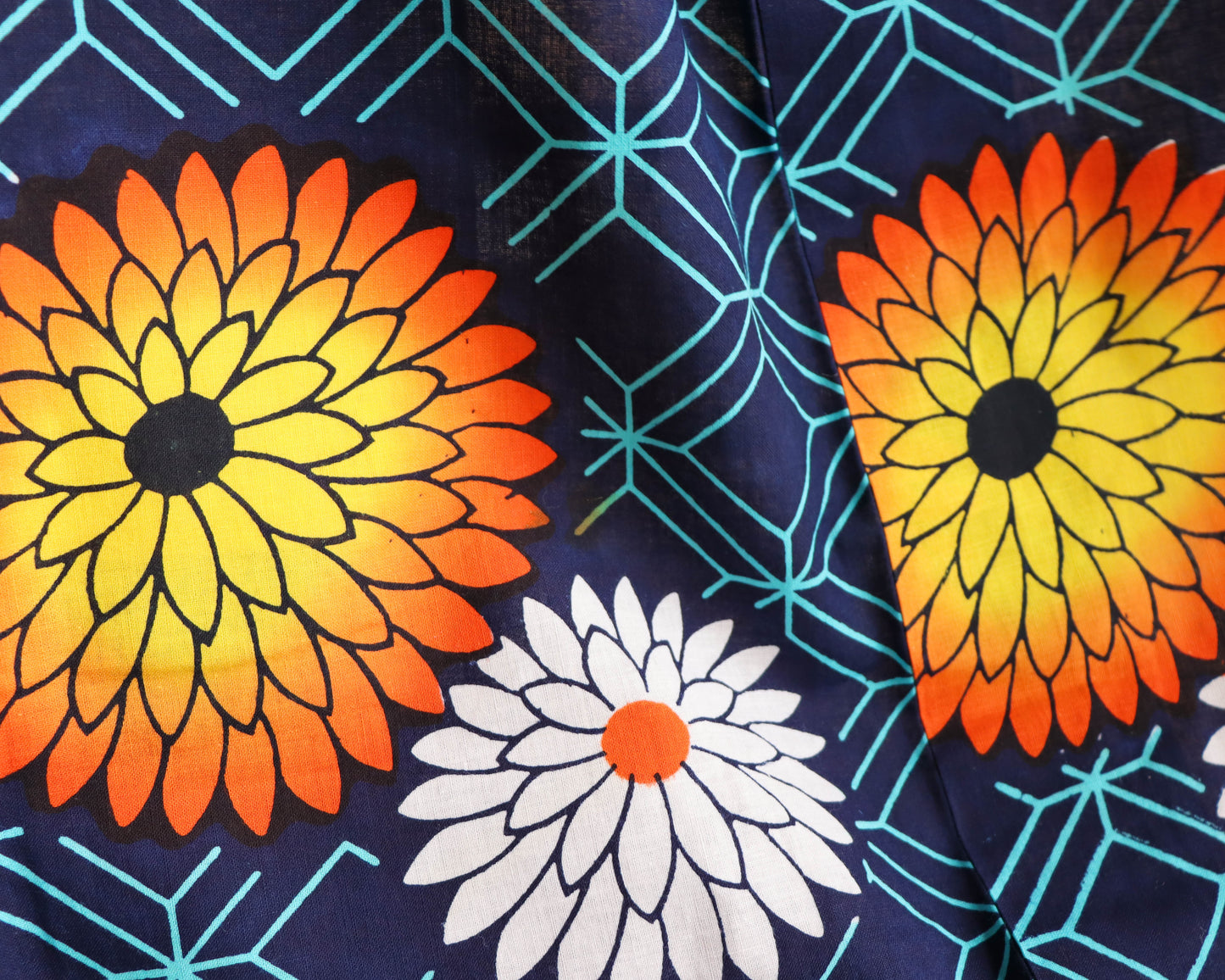 pre-loved yukata. summer cotton kimono in navy with the pattern of flowers. vibrant floral print.