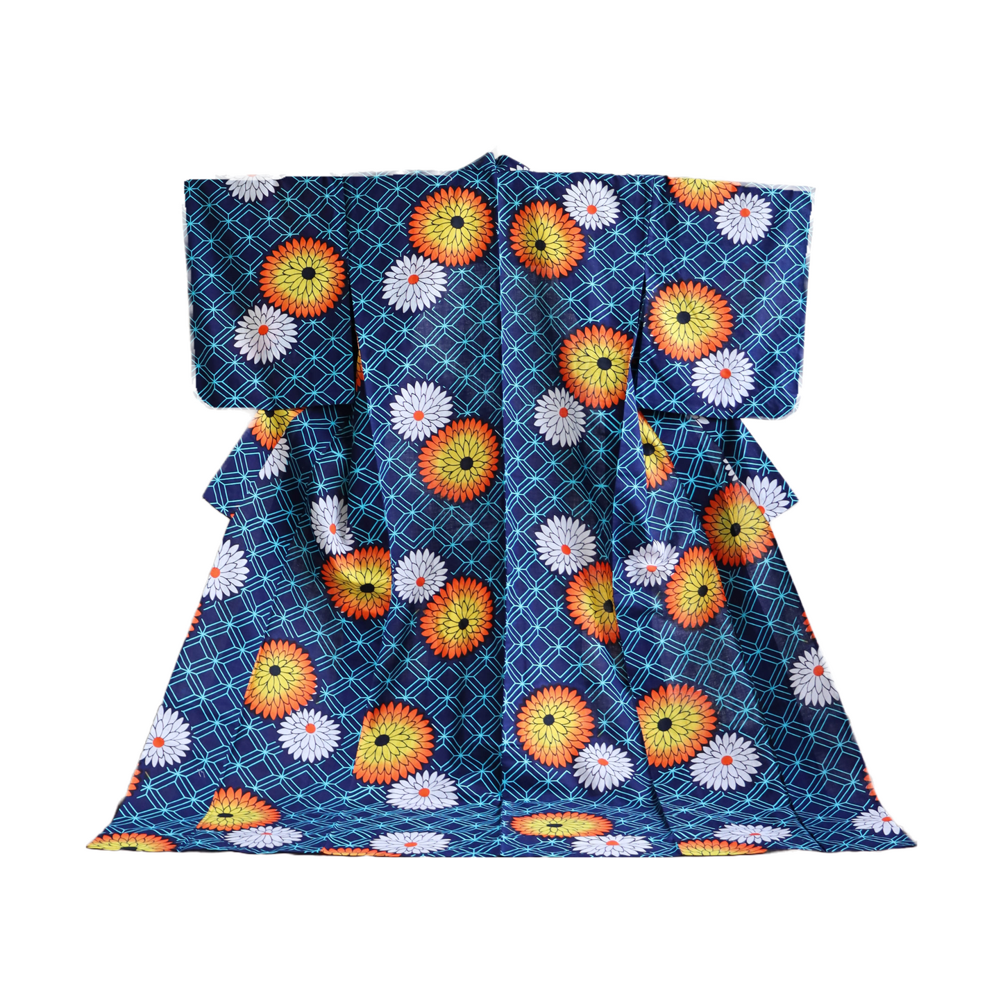 pre-loved yukata. summer cotton kimono in navy with the pattern of flowers. vibrant floral print.
