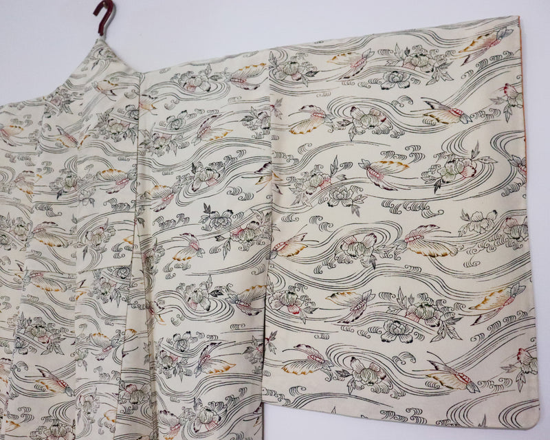 vintage silk kimono with retro nature pattern, wave and butterfly. creamy white.