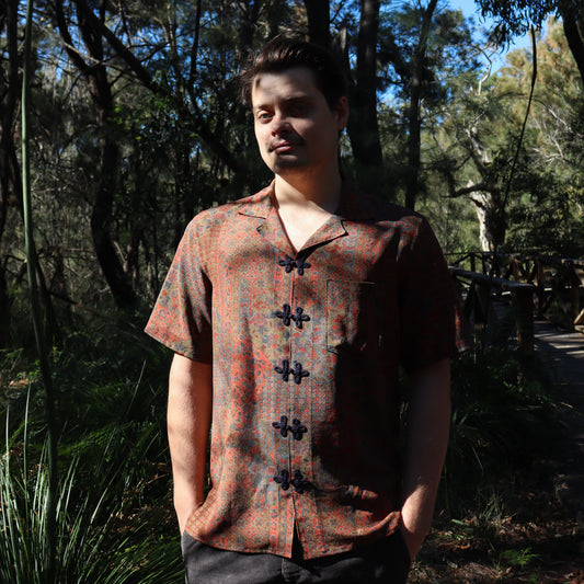 Mens's silk shirt made from kimono. Frog closures to the front.