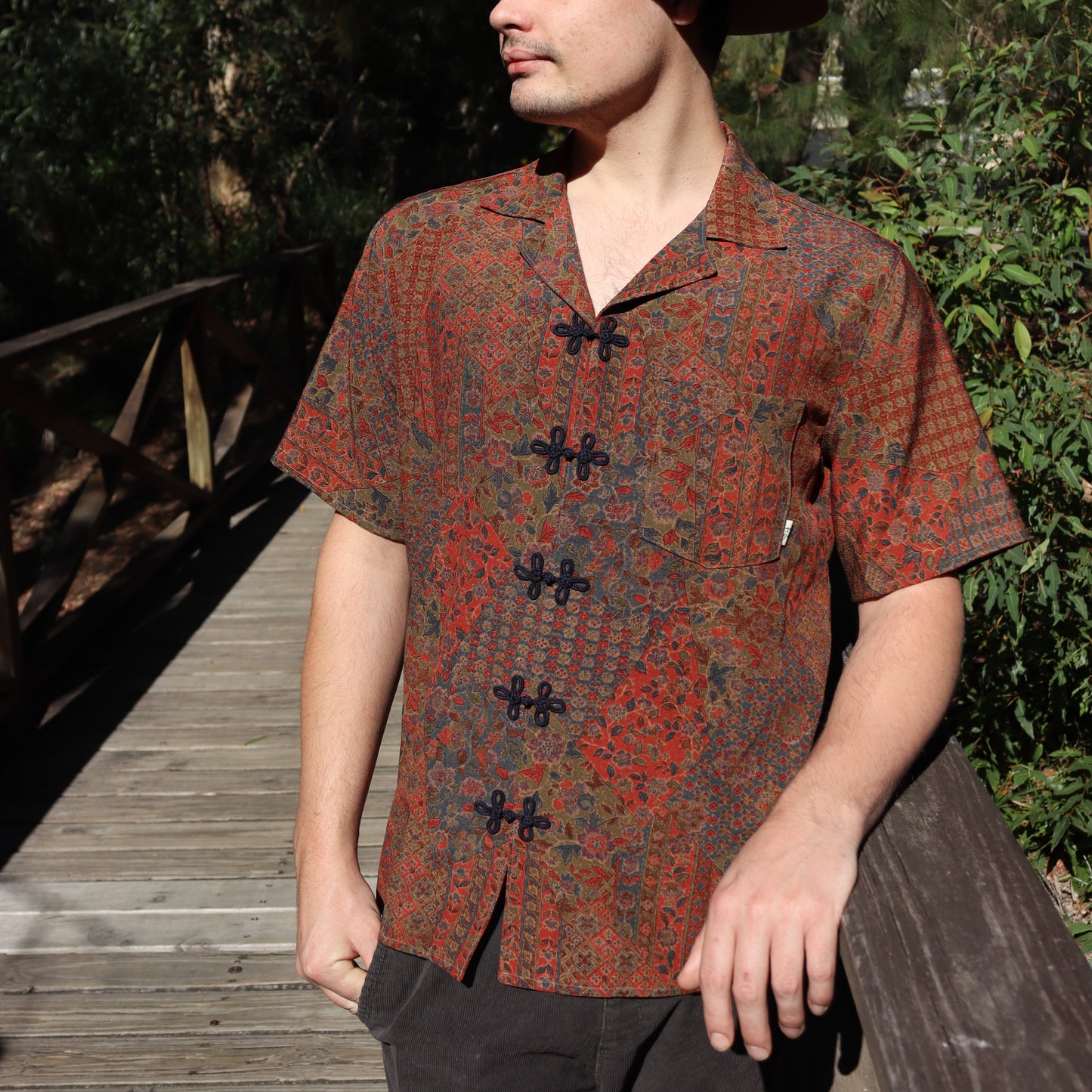 Mens's silk shirt made from kimono. Frog closures to the front.