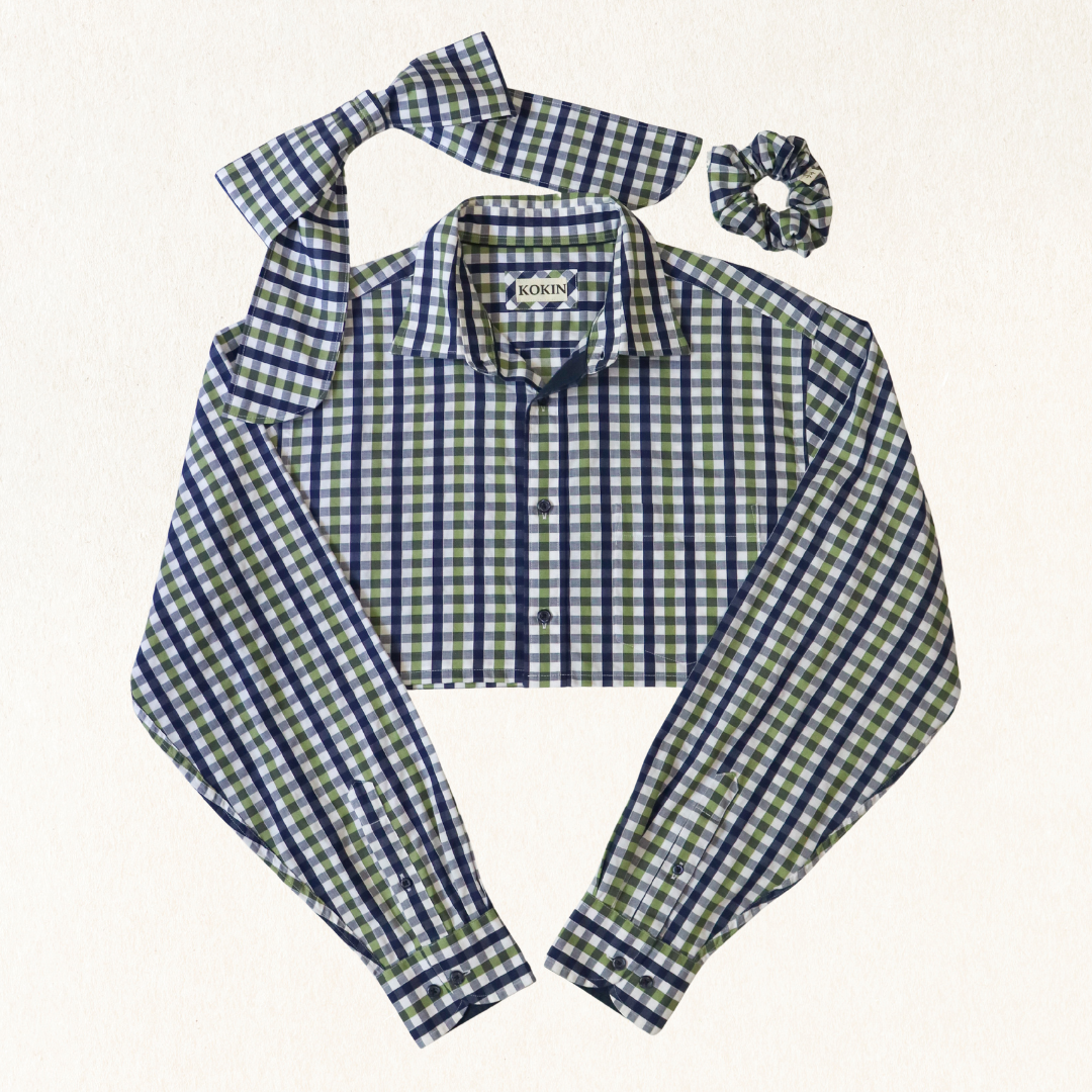 Green and blue checkered shirt with matching bow tie and scrunchie on a white background