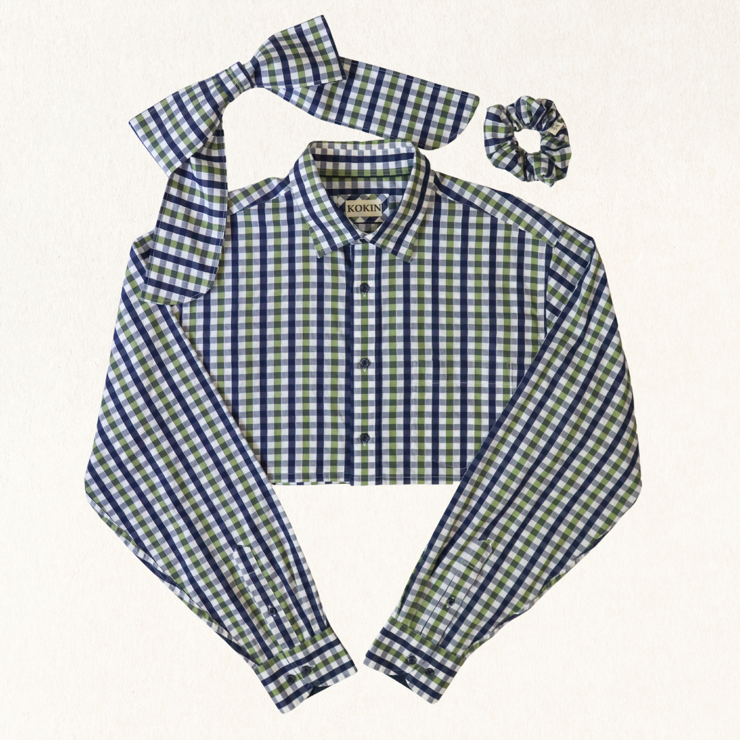 Green and blue checkered shirt with matching headband and scrunchie on a white background
