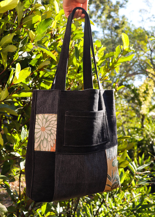Upcycled denim & obi tote bag -Matsu-