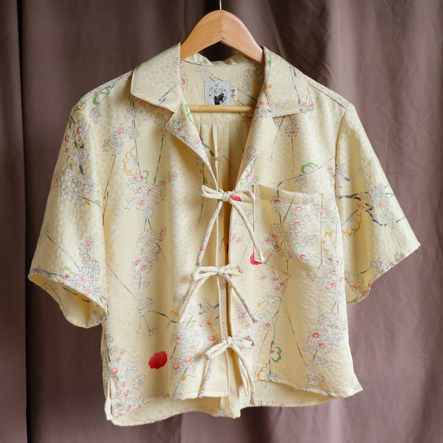 front tie shirt upcycled from a silk kimono