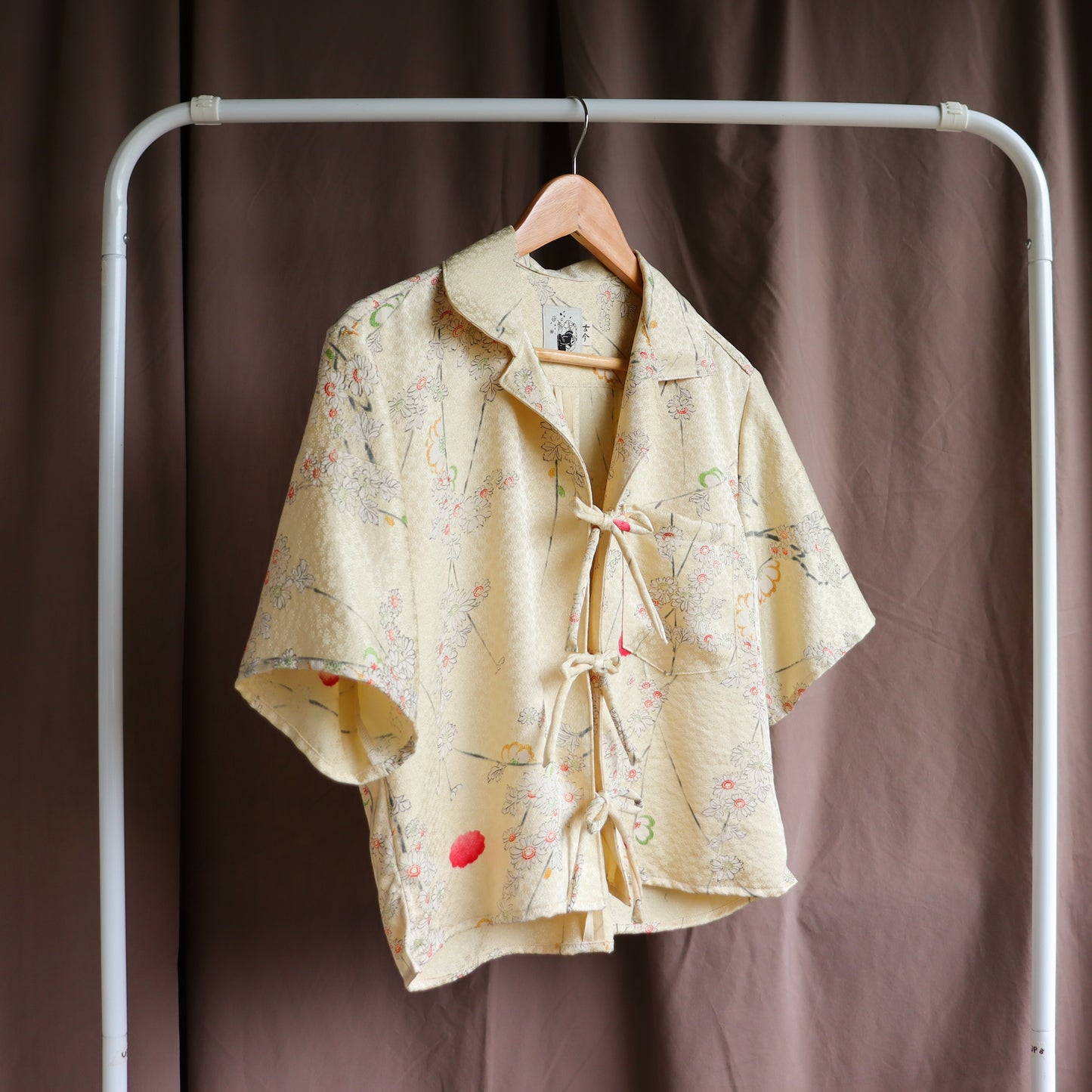 front tie shirt upcycled from a silk kimono