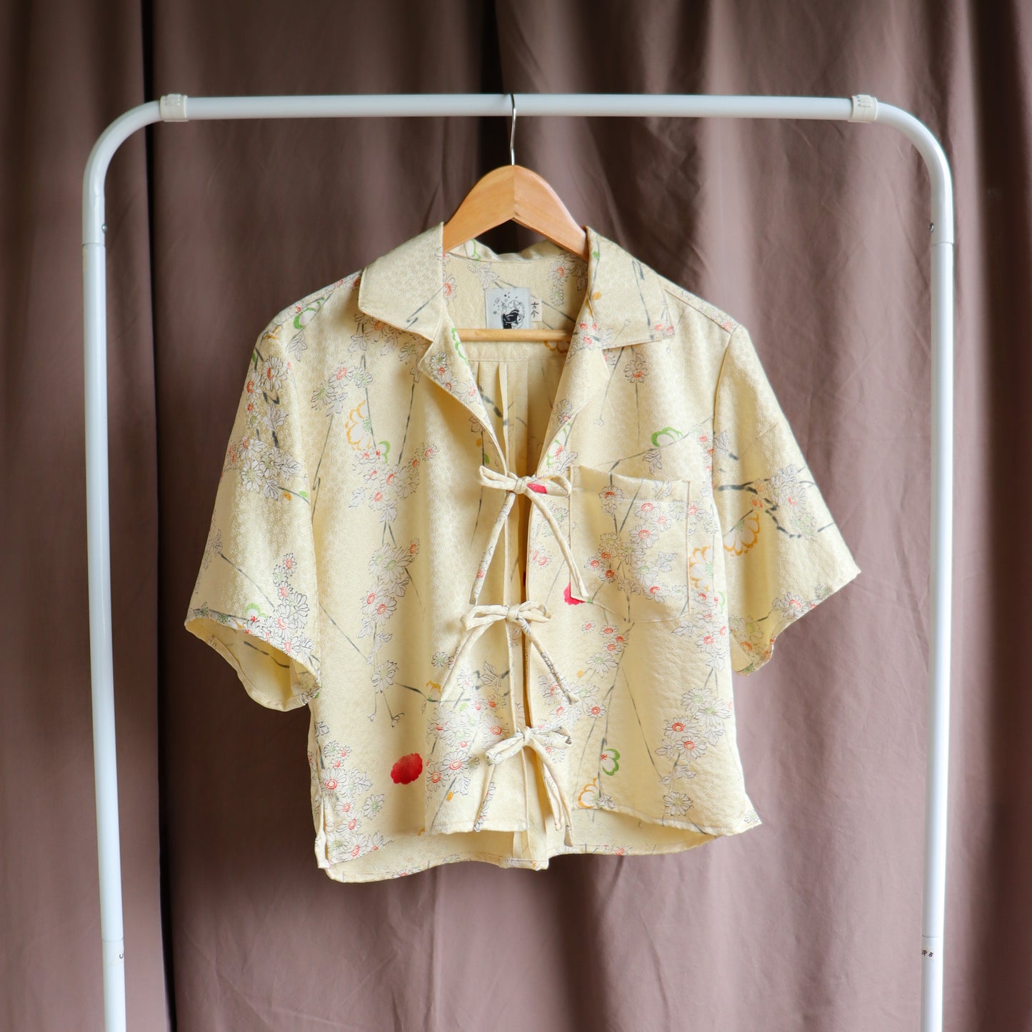 front tie shirt upcycled from a silk kimono