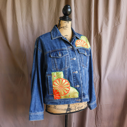 Reworked denim jacket with silk kimono patchworks.