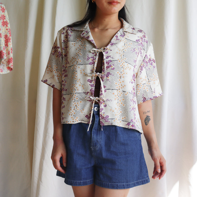 A silk shirt with front ties, made from secondhand kimono.