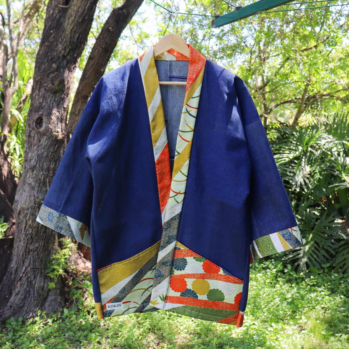 Japanese Happi jacket made from secondhand denim and kimono.