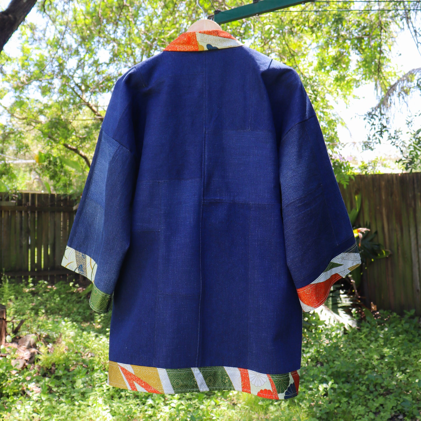 Japanese Happi jacket made from secondhand denim and kimono.