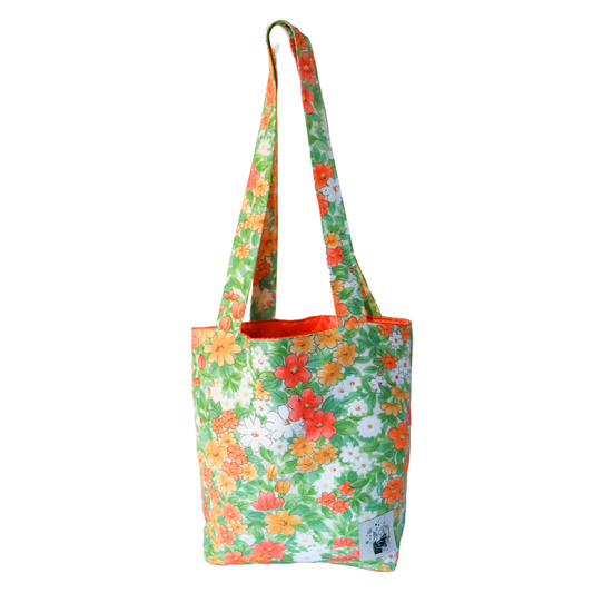 Tote bag made from vintage silk kimono fabric. Vivid floral pattern.