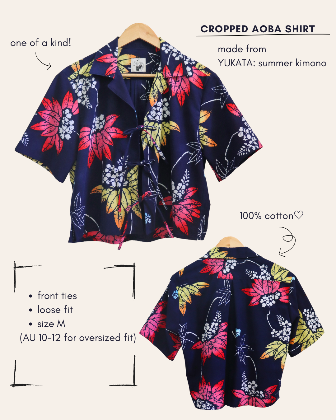 Photo collage of the latest shirt. Women's cropped shirt made from yukata: summer kimono. The material is 100% cotton, making the shirt very comfortable and breathable. 