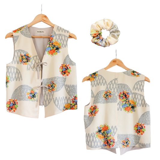 Women's front-tie vest tops made from pre-loved silk kimono. Fully lined with deadstock fabric. Trendy summer tops.